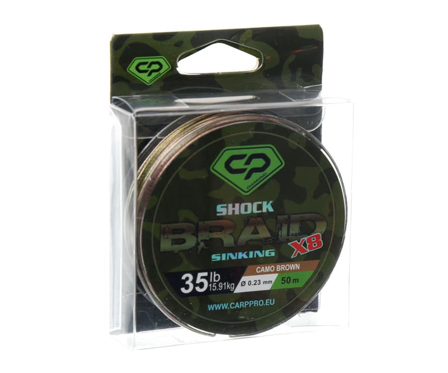 Carp Pro Diamond Shock Braid PE X8 35lb 50 m 0.23 mm Camo Brown Shock Leader